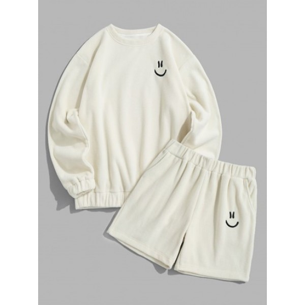 Smile Face Embroidered Polar Fleece Sweatshirt And Shorts Set