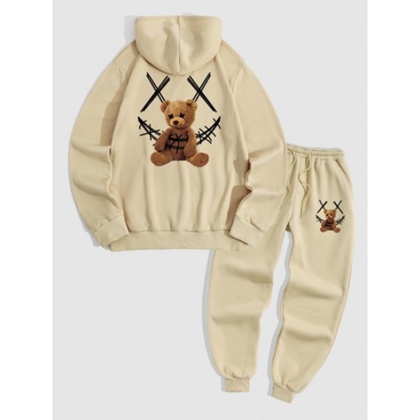 Cartoon Smile Face Bear Pattern Fleece-lined Hoodie And Sweatpants Set