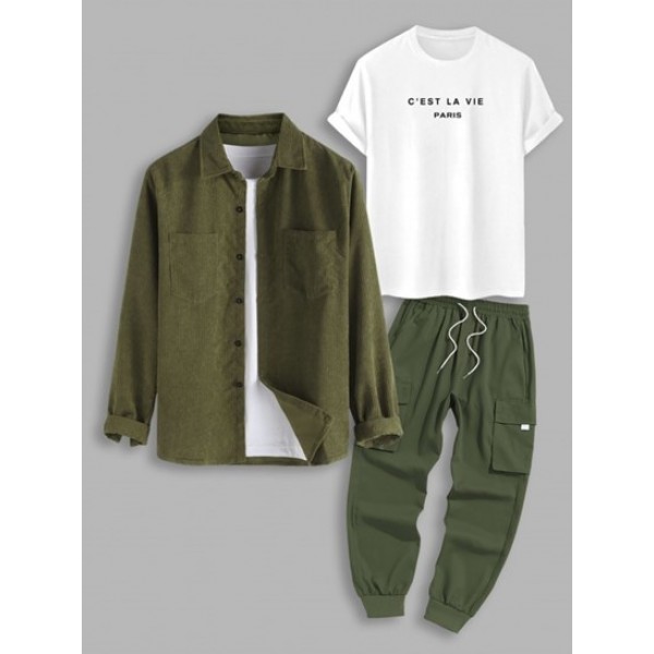 3Pcs C'EST LA VIE Letter Printed Pocket Corduroy Drawstring Techwear Cargo Pants Set