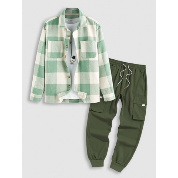 Plaid Pattern Double Pockets Wool Blend Shacket With Drawstring Techwear Cargo Pants Set