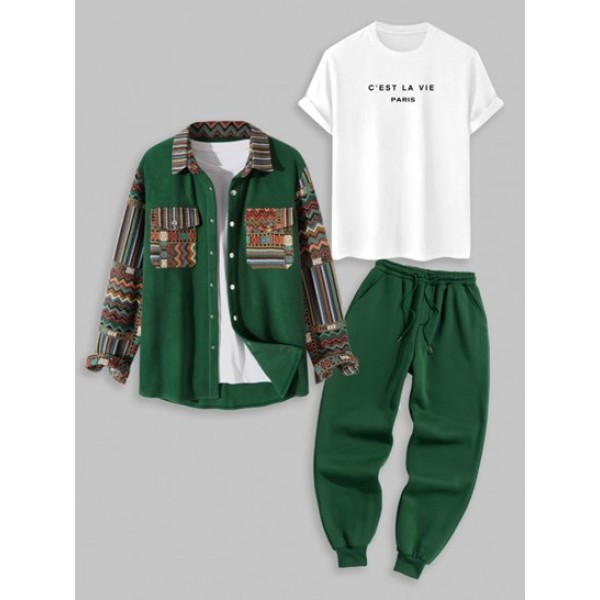 3Pcs Tribal Ethnic Aztec Print Pocket Polar Fleece Spliced C'EST LA VIE Letter Printed Thermal Fleece-lined Sweatpants Set