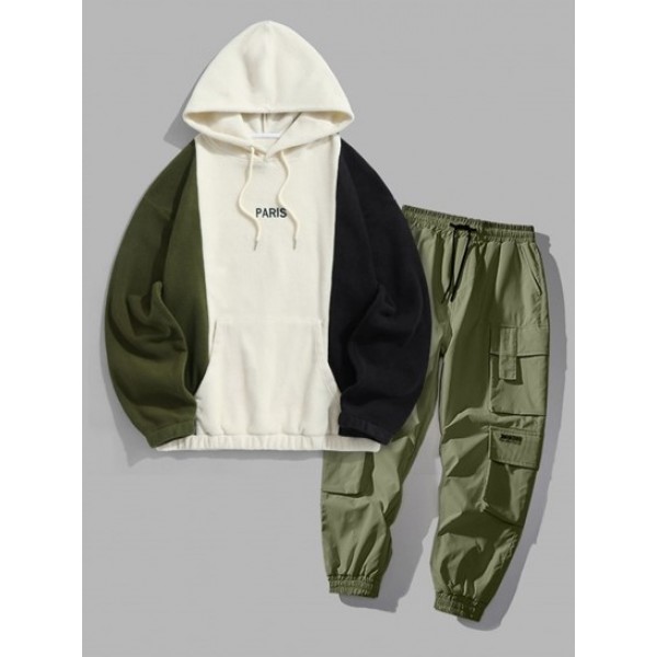 PARIS Embroidered Colorblock Fuzzy Fleece Hoodie With Drawstring Cargo Jogger Techwear Pants Set