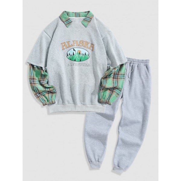 Plaid Panel ALASKA Graphic Thermal Fleece-lined Casual Sweatpants Set