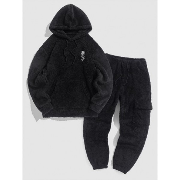 Fluffy Fleece Faux Fur Rose Embroidered Hoodie And Jogger Pants Set