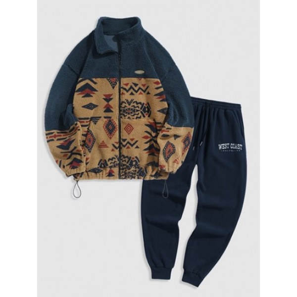 Ethnic Aztec Tribal Print Zip Fly Fluffy Jacket And Embroidered Polar Fleece Sweatpants Set