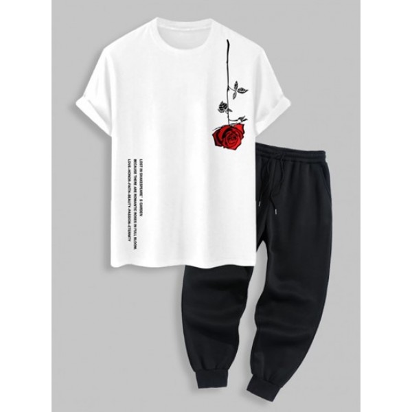 Letter Rose Graphic Printed Short Sleeve T-shirt With Thermal Fleece-lined Casual Sweatpants Set