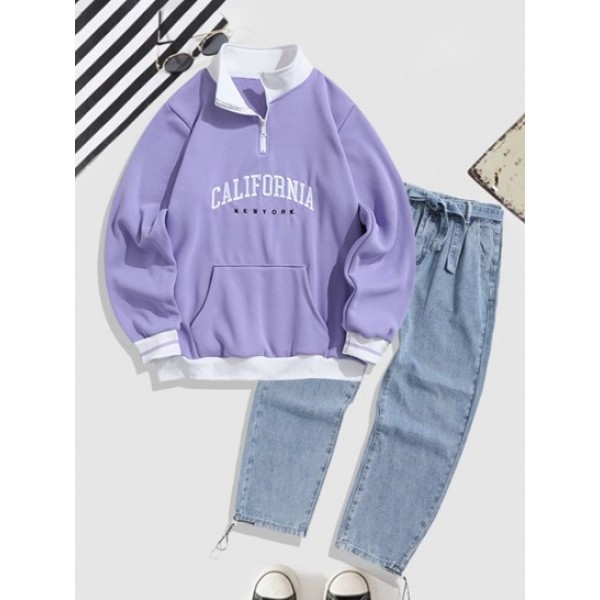 Colorblock CALIFORNIA Embroidered Fleece-lined Collared Sweatshirt With Drawstring Legs Straight Jeans Set