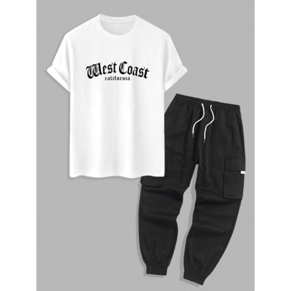 Letter West Coast California Graphic Printed T-shirt With Drawstring Techwear Cargo Pants Set