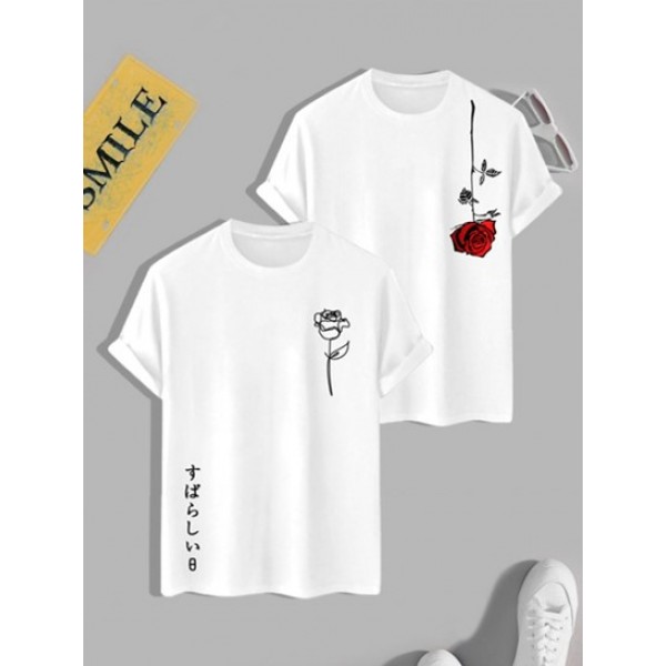 2Pcs Letter Rose Graphic Printed Short Sleeves T-shirts