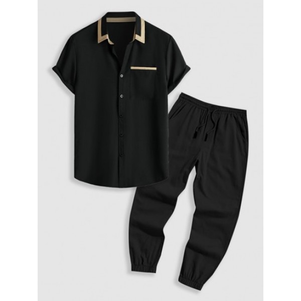 Color Spliced Collar Business Short Sleeves Shirt With Drawstring Multi-pocket Jogger Pants Set