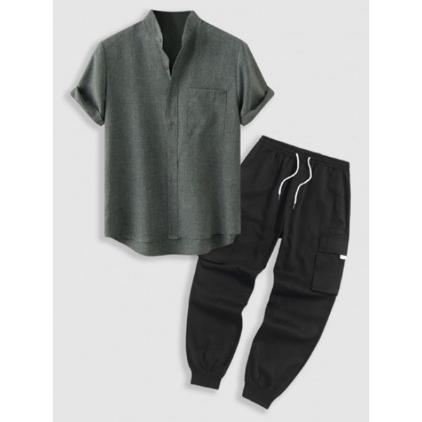 Cotton Linen Textured Front Pocket Shirt With Drawstring Techwear Cargo Pants Set