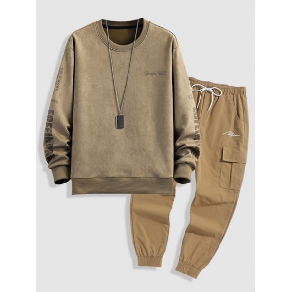 Letter Printed Faux Suede Sweatshirt And Jogger Cargo Pants Set