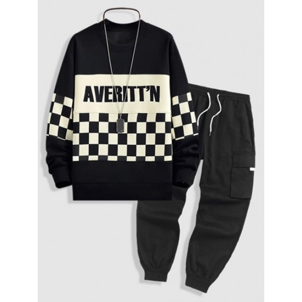 Letter Checkerboard Pattern Pullover Sweatshirt And Techwear Cargo Pants Set