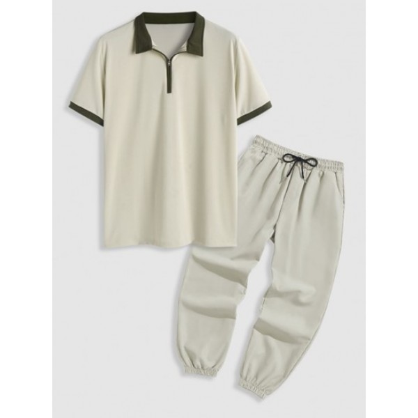 Color Spliced Quarter Zip Design Polo Collared T-shirt With Drawstring Pocket Jogger Pants Set