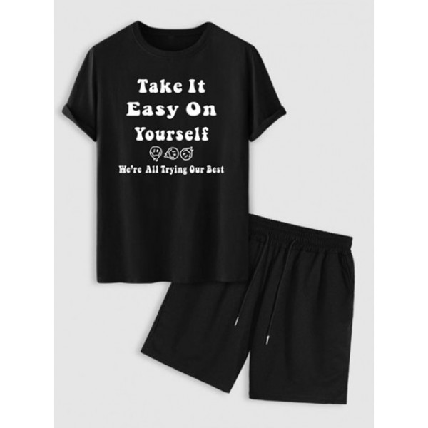 Slogan Take It Easy Smiling Face Print T Shirt And Sweat Shorts Set