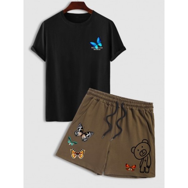 Slogan Butterfly Pattern Short Sleeves T-shirt And Drawstring Sweat Shorts Set