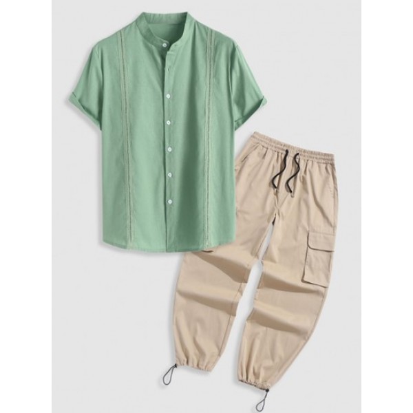 Hollow Out Cotton And Linen Textured Stand Collar Shirt With Toggle Drawstring Cargo Pants Set