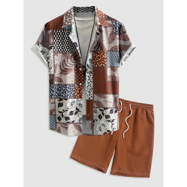 Floral Leaves Printed Patchwork Short Sleeve Button Up Shirt With Basic Casual Shorts Set