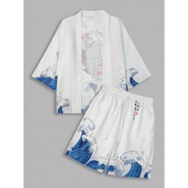 Sea Wave Koi Fish Kimono And Chinese Characters Shorts Two Piece Set