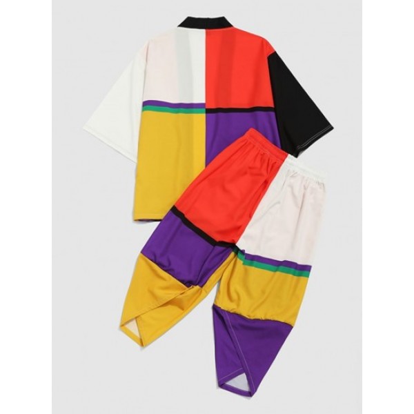 Colorblock Kimono Cardigan And Cropped Baggy Pants Set