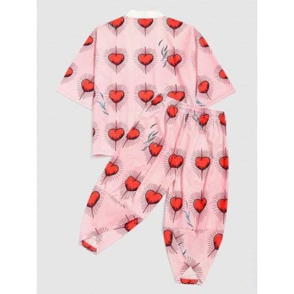 Heart Print Kimono Cardigan Shirt And Cropped Pants Set