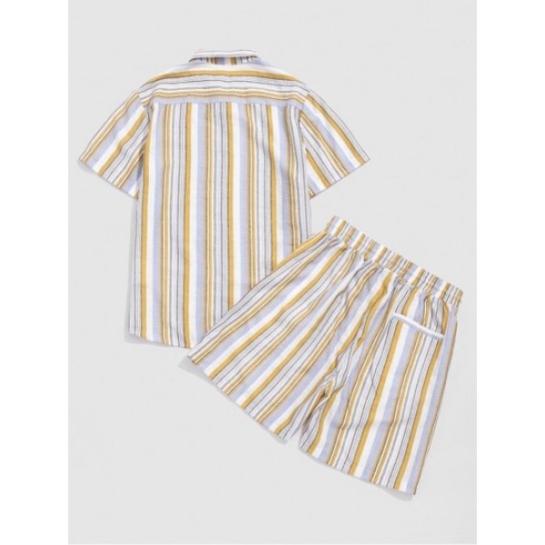 Striped Print Pocket Shirt And Shorts Set