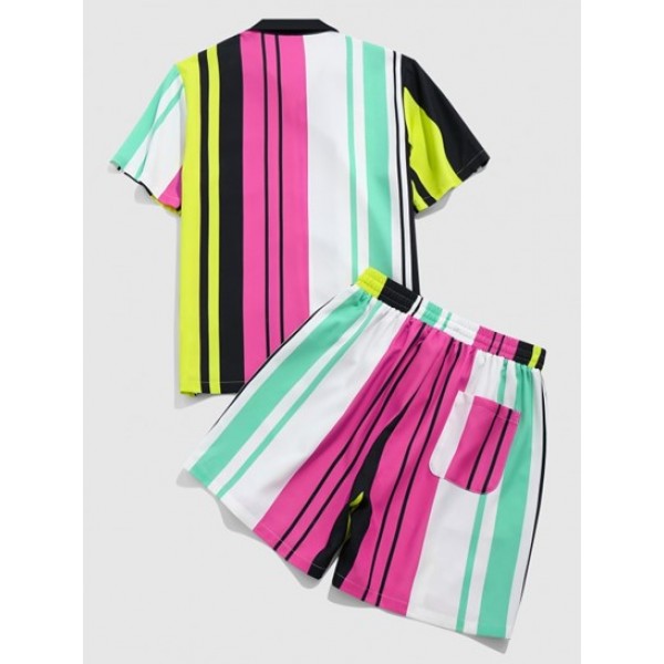 Colorful Striped Printed Pocket Shirt And Shorts Set