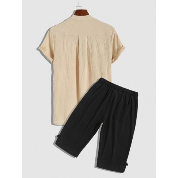 Lace Up Short Sleeves Popover Shirt And Solid Color Cropped Pants