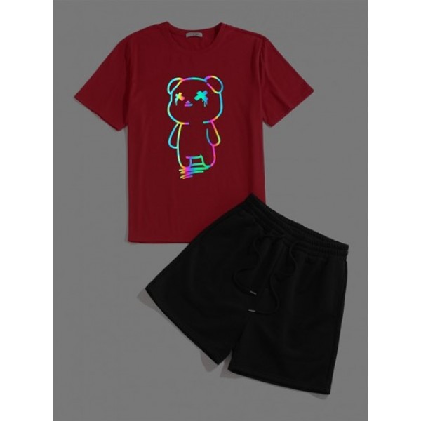 Luminous Bear Printed T-shirt And Solid Color Sweat Shorts Set