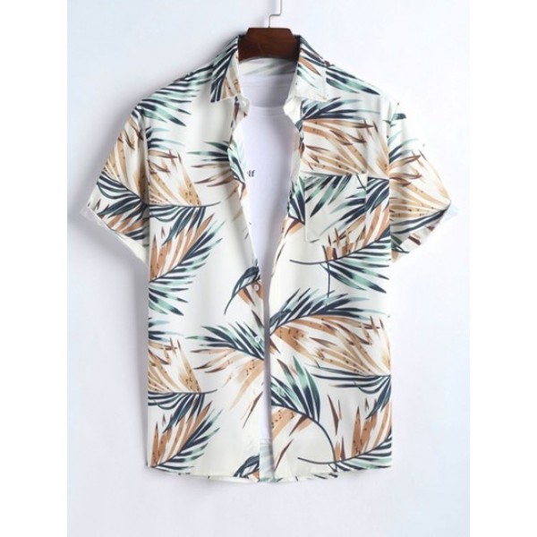 Tropical Leaves Printed Short Sleeves Shirt And Solid Color Basic Casual Shorts Two Pieces Set