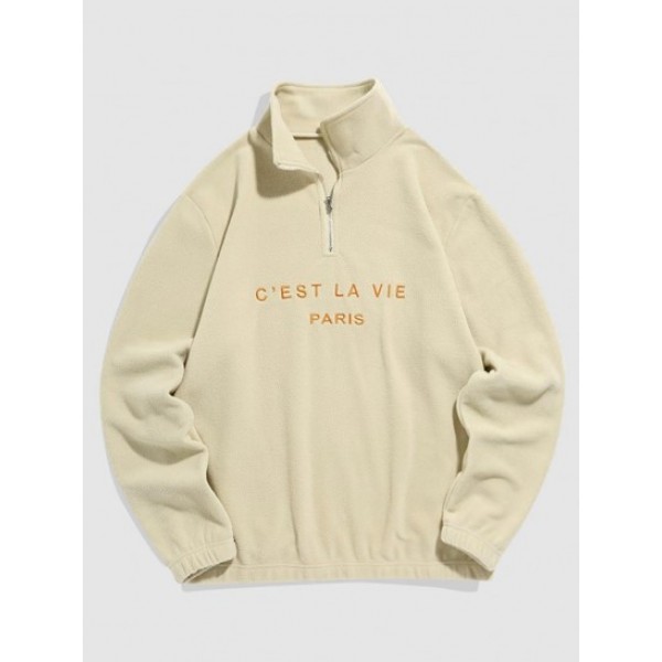 C' EST LA VIE Letter Embroidered Polar Fleece Sweatshirt And Sports Jogger Pants Set