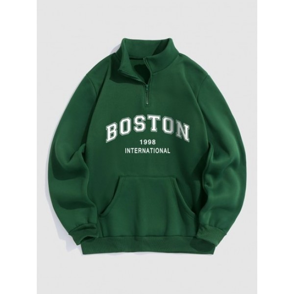 BOSTON Letter Pattern Quarter Zip Design Fleece-lined Sweatshirt And Jogger Sweatpants Set