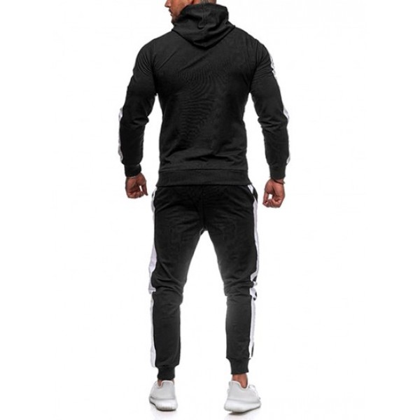 Color Spliced Zip Fly Sports Hooded Jacket And Drawsting Sweatpants Set Outfit