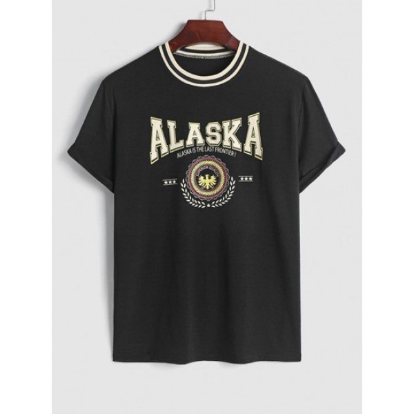 Men's Preppy Casual Rib Collar ALASKA IS THE LAST FRONTIER Letter Eagle Graphic Short Sleeves T Shirt With Drawstring Shorts Set