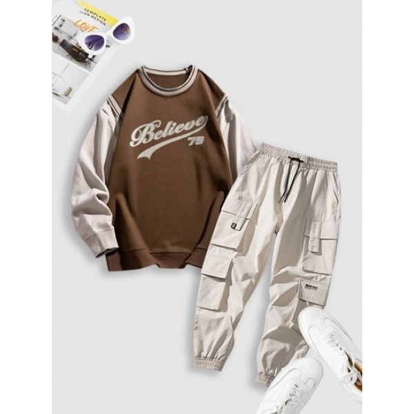 Letter Printed Colorblock Faux Twinset Sweatshirt And Multi Flap Pockets Techwear Pants Set