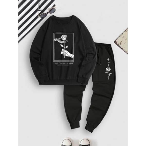 Halloween Skeleton Hand Holding Rose And Letter Printed Sweatshirt And Sweatpants Set