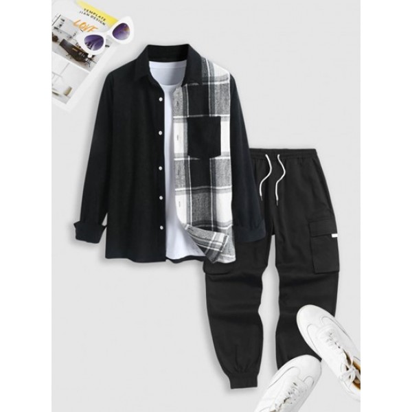 Two Tone Plaid Long Sleeves Shirt With Flap Pocket Drawstring Techwear Cargo Pants Set