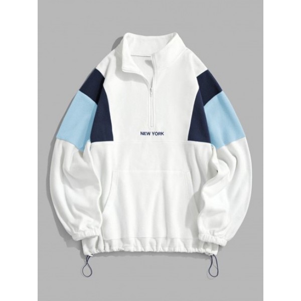 Polar Fleece Letter Embroidery Colorblock Half Zip Sweatshirt And Sweatpants Set Outfit