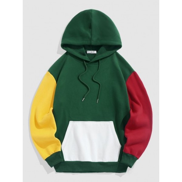 Colorblock Fluffy Fleece-lined Hoodie With Pocket Techwear Cargo Pants Set