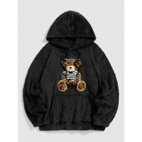 2Pcs Bear Terry Embroidered Fluffy Teddy Rose Graphic Pattern Fleece-lined Hoodie