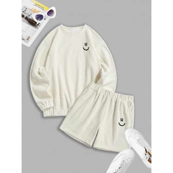 Smile Face Embroidered Polar Fleece Sweatshirt And Shorts Set