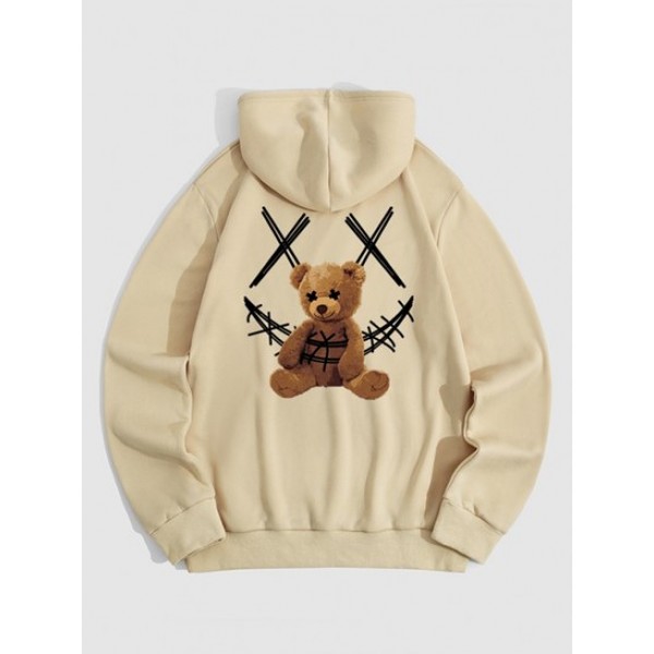 Cartoon Smile Face Bear Pattern Fleece-lined Hoodie And Sweatpants Set