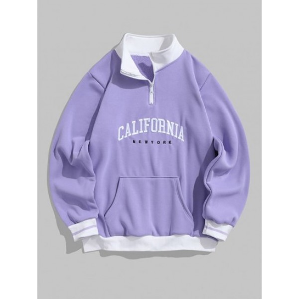 Colorblock CALIFORNIA Embroidered Fleece-lined Collared Sweatshirt With Drawstring Legs Straight Jeans Set