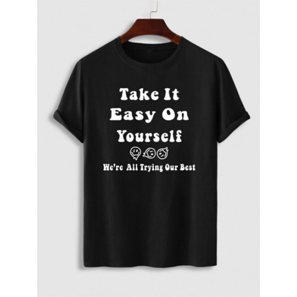 Slogan Take It Easy Smiling Face Print T Shirt And Sweat Shorts Set