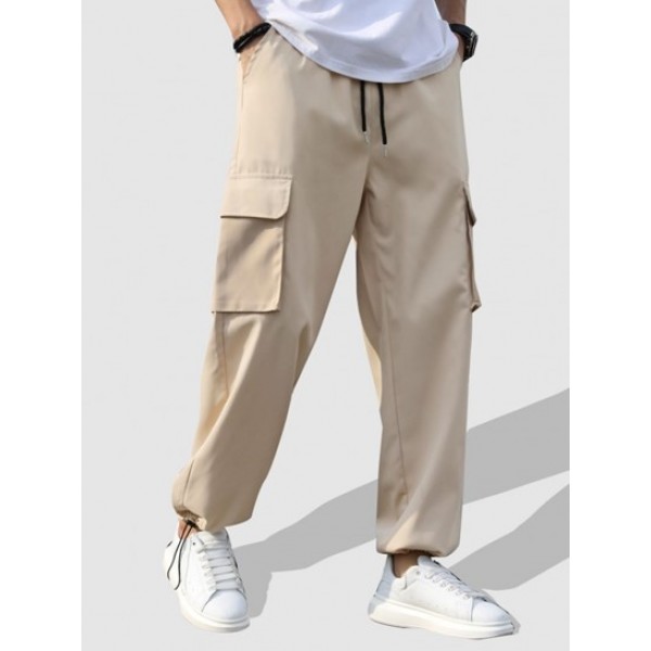 Hollow Out Cotton And Linen Textured Stand Collar Shirt With Toggle Drawstring Cargo Pants Set