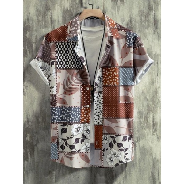 Floral Leaves Printed Patchwork Short Sleeve Button Up Shirt With Basic Casual Shorts Set