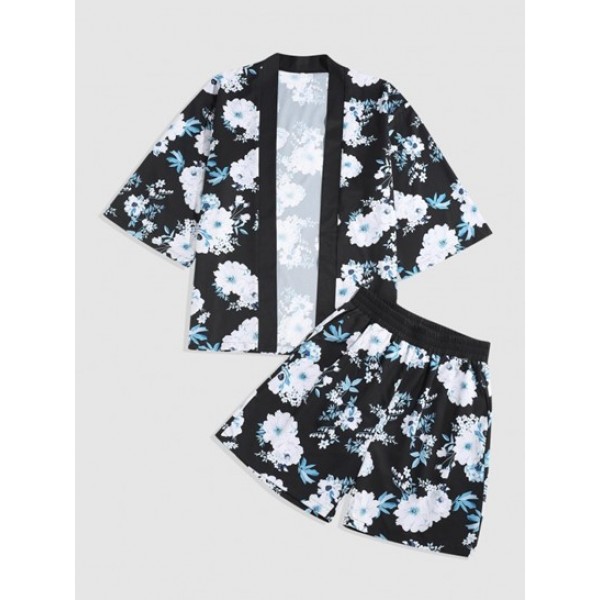 Flower Print Kimono Cardigan Shirt And Shorts Set