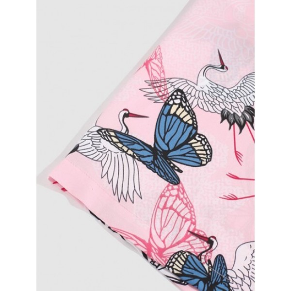 Flying Crane Butterfly Print Kimono Cardigan Shirt And Shorts Set