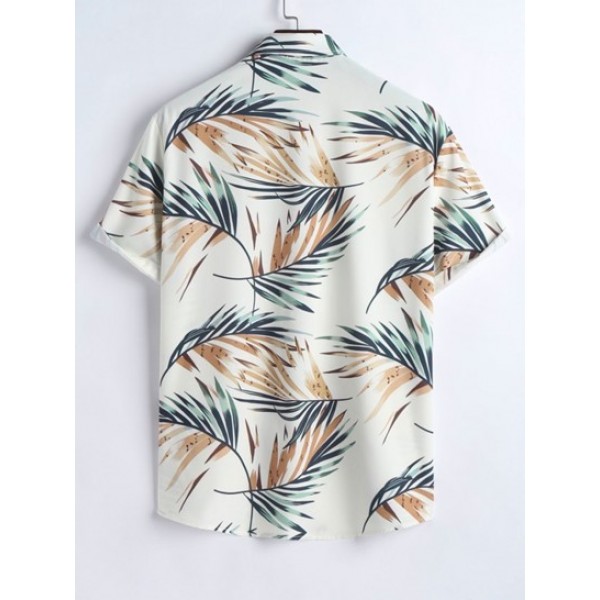 Tropical Leaves Printed Short Sleeves Shirt And Solid Color Basic Casual Shorts Two Pieces Set