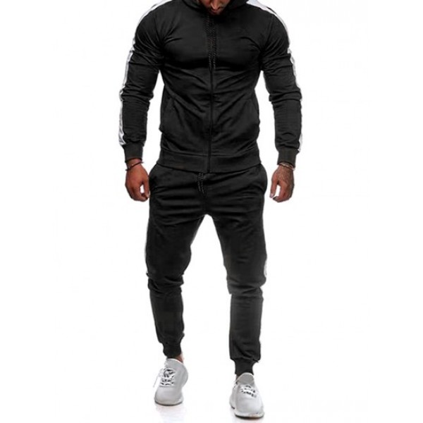 Color Spliced Zip Fly Sports Hooded Jacket And Drawsting Sweatpants Set Outfit